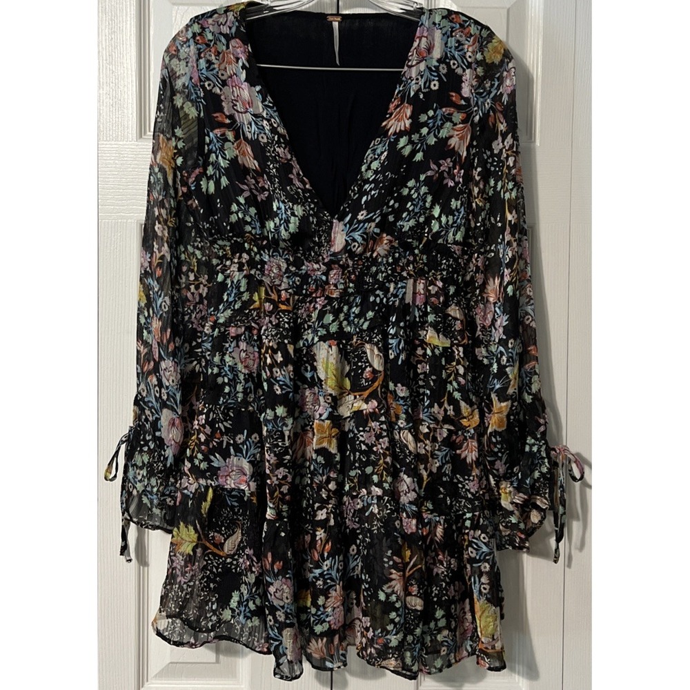 Free People Closer To The Heart Boho Ruffled Black Floral Print Mini Dress SZ XS